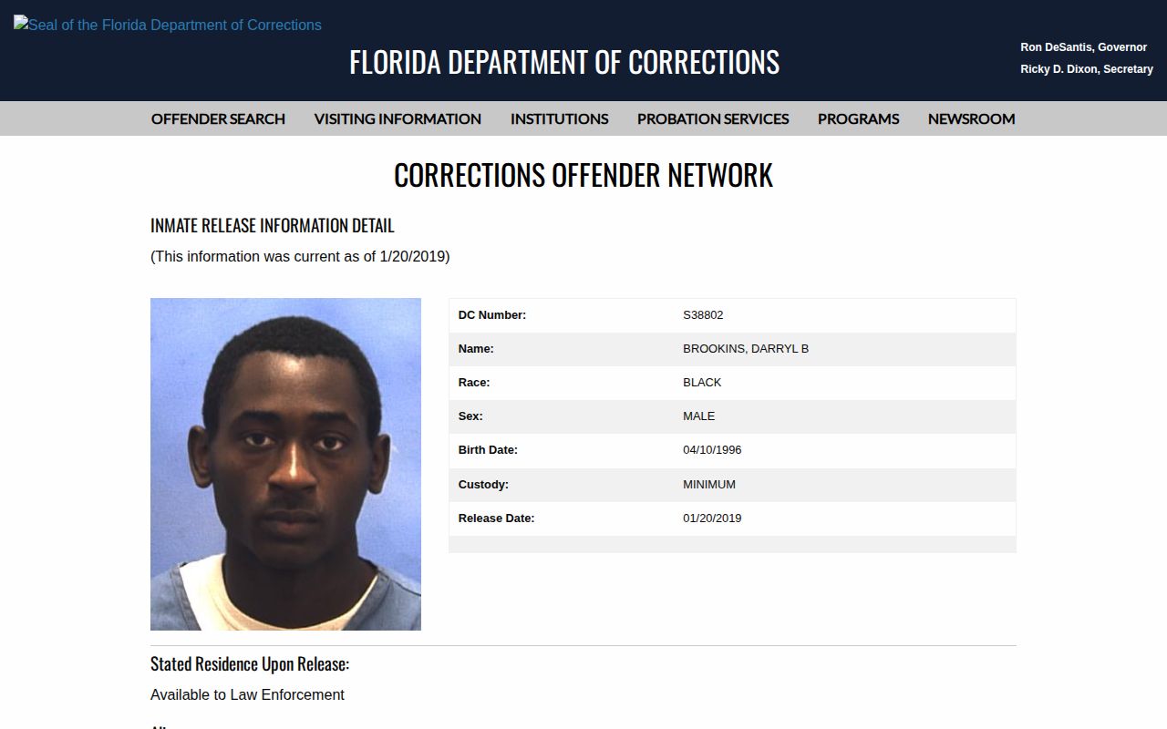 Florida release record for a Miami-Dade County state inmate lookup
